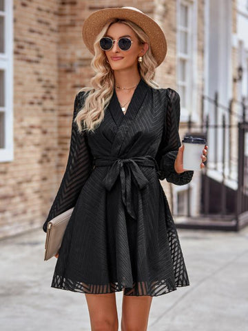 Long Sleeve Wrap Front Dress – Elegant V-Neck Bodycon Midi Dress for Women