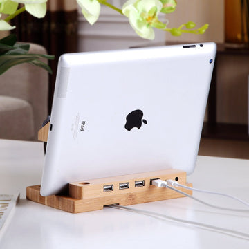 Bamboo Charging Dock Station with 4 USB Ports for Apple Devices – Natural Wood Organizer