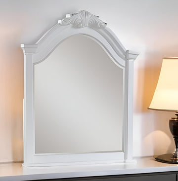 43" White Crowned Top Wood Framed Mounted Dresser Mirror – Beveled Transitional Style
