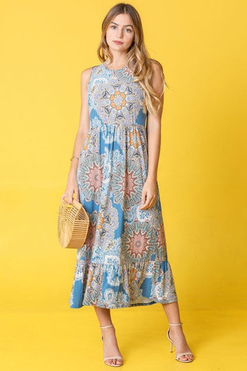 Women’s Sleeveless Medallion Print Ruffled-Hem Tea‑Length Dress. Made in USA Tiered Midi