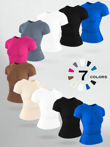 Seamless Women's Solid Color Round Neck Exercise T-shirt Spring And Autumn Leisure Short Sleeve Round Neck Tee Outdoor Running Sports Clothing All-Matching Casual Wear