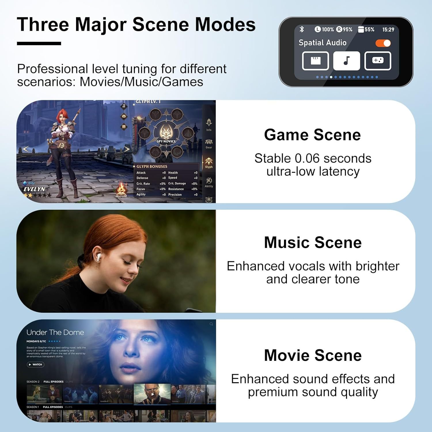 Three major scene modes for professional level tuning with examples of game, music, and movie scenes