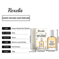 Roxelis honey infused hair perfume packaging with product details on a white background
