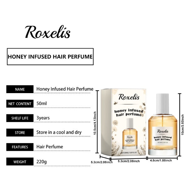 Roxelis honey infused hair perfume packaging with product details on a white background