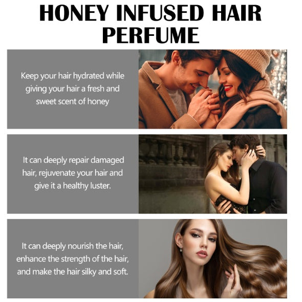 Honey infused hair perfume with a model and product packaging on a light background