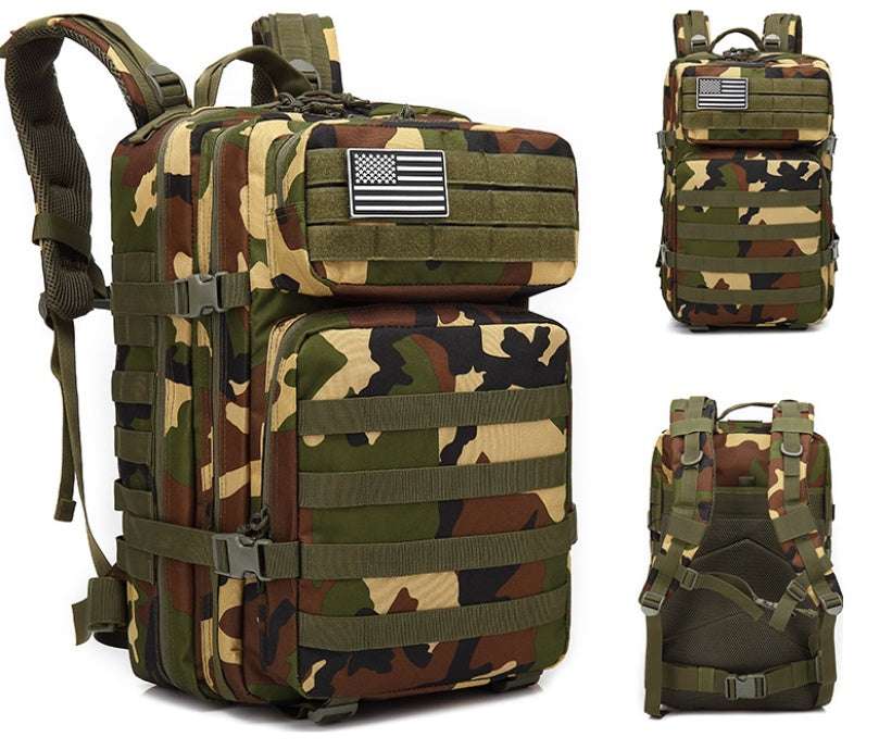 Red backpack with American flag patch 