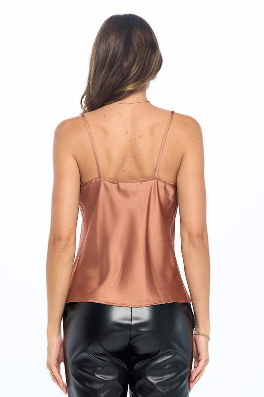 Made‑in‑USA Silky Satin Print Tank Top,  Smooth Scoop‑Neck Essential