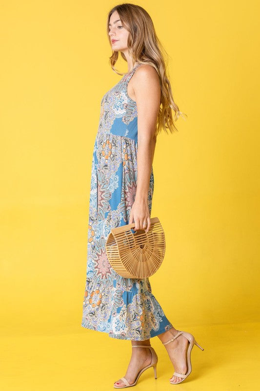 Women’s Sleeveless Medallion Print Ruffled-Hem Tea‑Length Dress. Made in USA Tiered Midi
