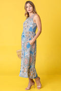 Women’s Sleeveless Medallion Print Ruffled-Hem Tea‑Length Dress. Made in USA Tiered Midi