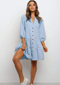 Plaid Ruffle V-Neck Dress for Women – Button Front, Three-Quarter Sleeves, Summer Midi Dress