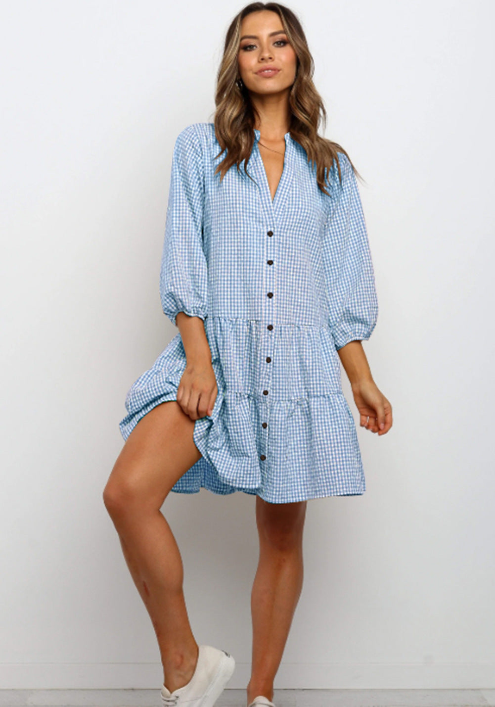 Plaid Ruffle V-Neck Dress for Women – Button Front, Three-Quarter Sleeves, Summer Midi Dress