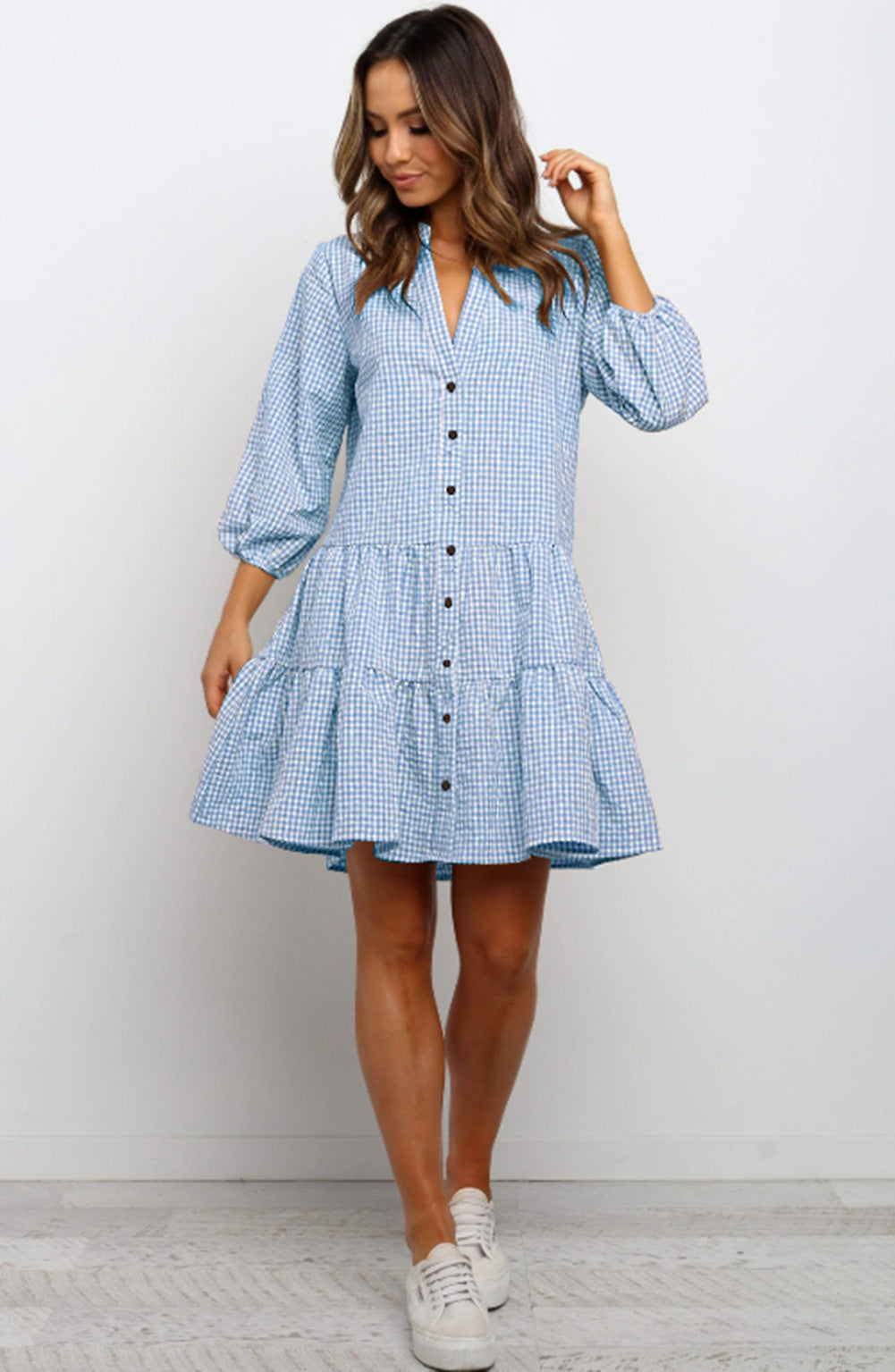 Plaid Ruffle V-Neck Dress for Women – Button Front, Three-Quarter Sleeves, Summer Midi Dress