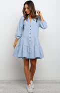 Plaid Ruffle V-Neck Dress for Women – Button Front, Three-Quarter Sleeves, Summer Midi Dress