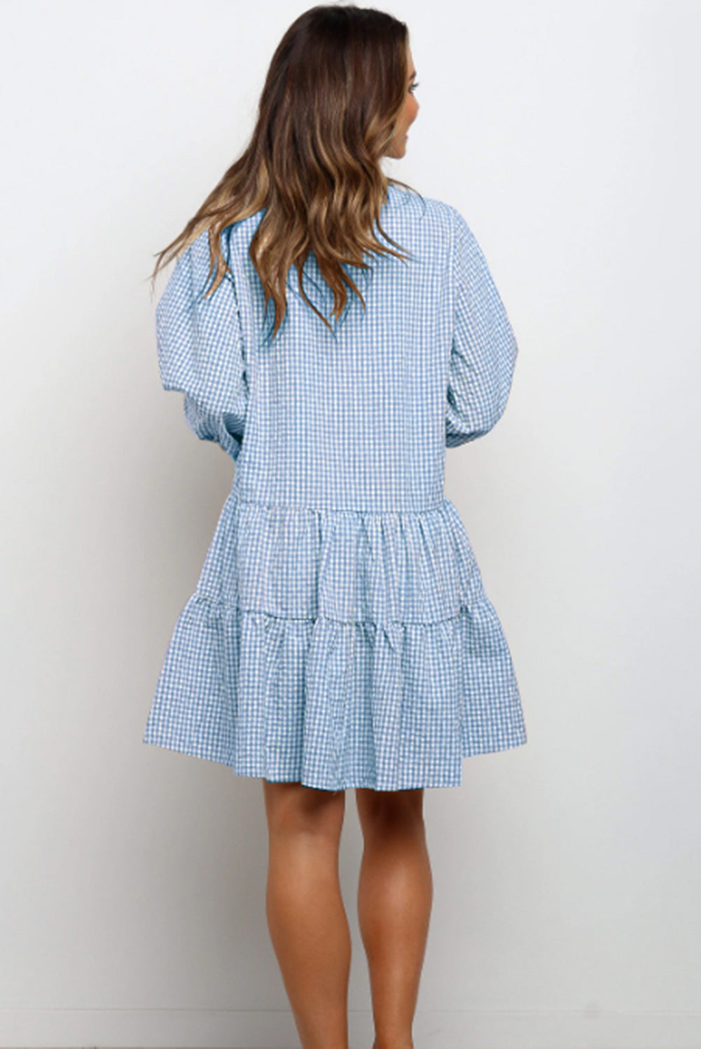 Plaid Ruffle V-Neck Dress for Women – Button Front, Three-Quarter Sleeves, Summer Midi Dress