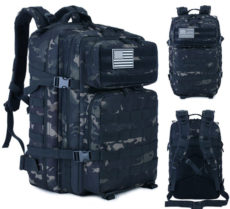 Camouflage backpack with American flag patch
