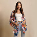 Happy Kimono Floral Open-Front Blouse , Sheer 3/4-Sleeve Relaxed Jacket