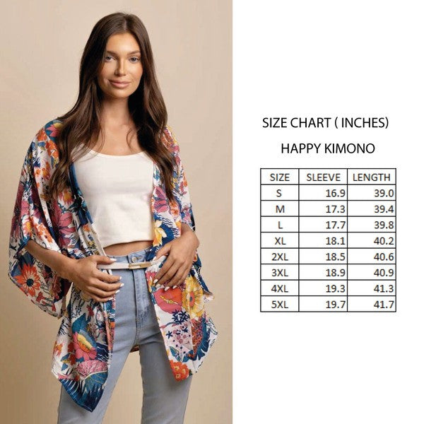 Happy Kimono Floral Open-Front Blouse , Sheer 3/4-Sleeve Relaxed Jacket