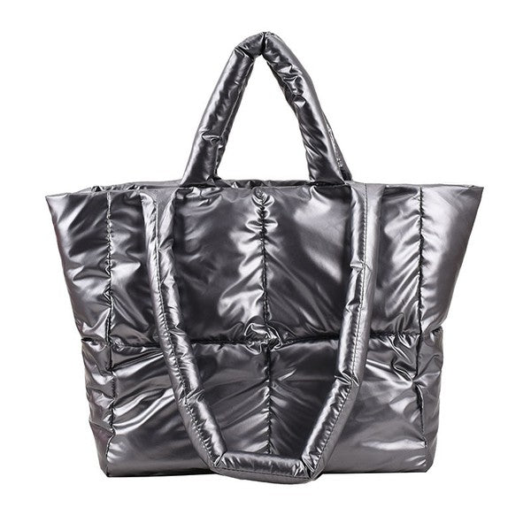 Silver metallic tote bag on a white background