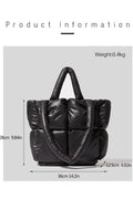 Black puffer bag with measurements and weight information Women’s Puffer Tote Handbag – Lightweight Quilted Shoulder Bag for Everyday Use