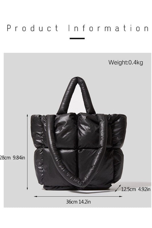 Black puffer bag with measurements and weight information Women’s Puffer Tote Handbag – Lightweight Quilted Shoulder Bag for Everyday Use