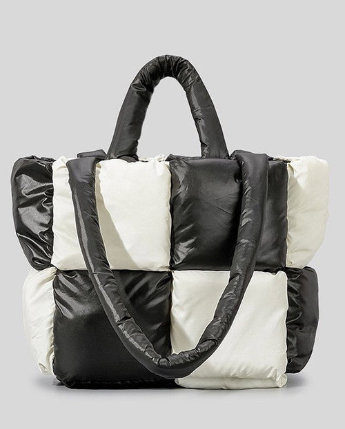 Black and white quilted handbag Women’s Puffer Tote Handbag – Lightweight Quilted Shoulder Bag for Everyday Use