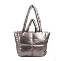 Metallic silver puffer tote bag Women’s Puffer Tote Handbag – Lightweight Quilted Shoulder Bag for Everyday Use