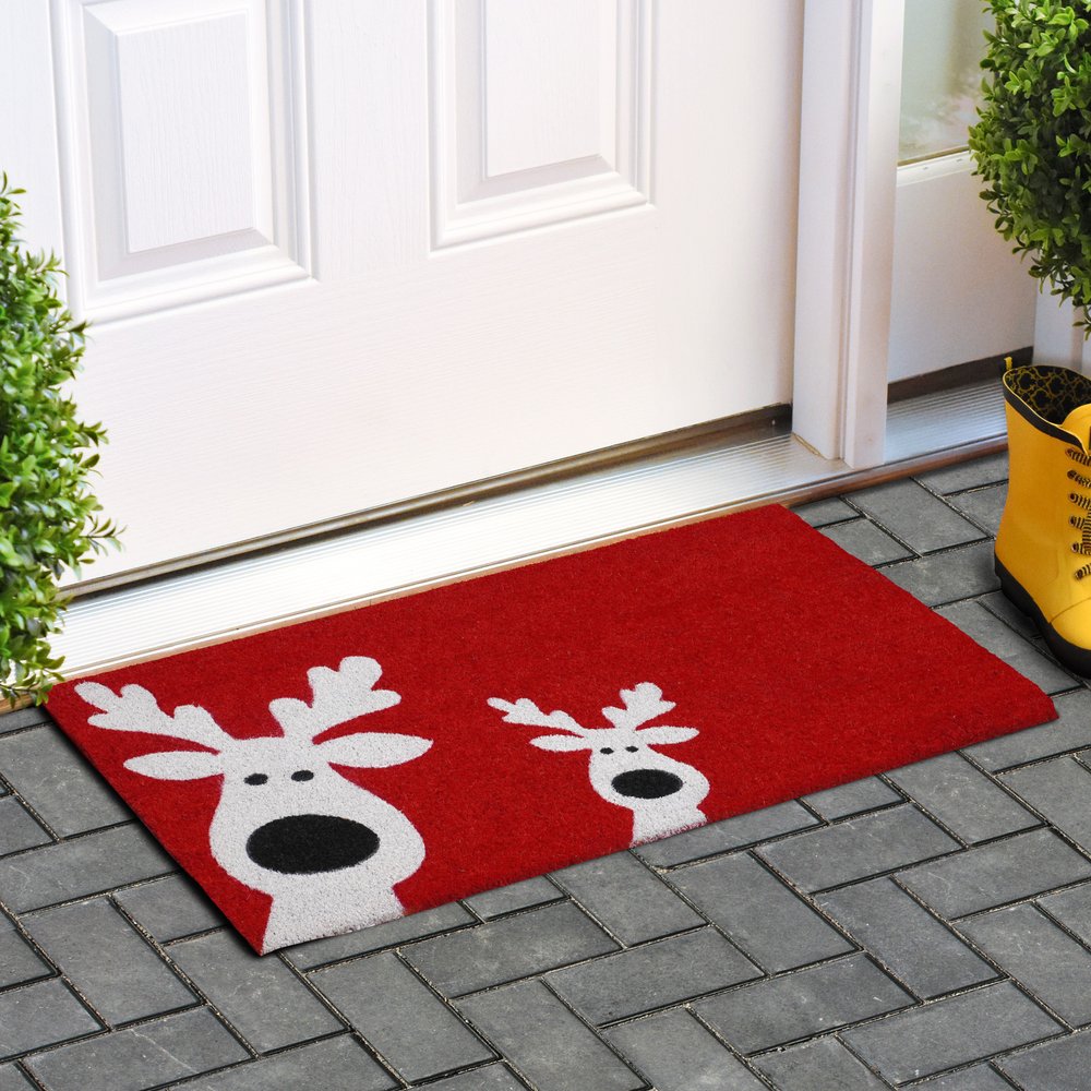 17″ × 29″ Red & White Coir Reindeer Outdoor Christmas Door Mat, Heavy‑Duty Eco‑Friendly Holiday Mat