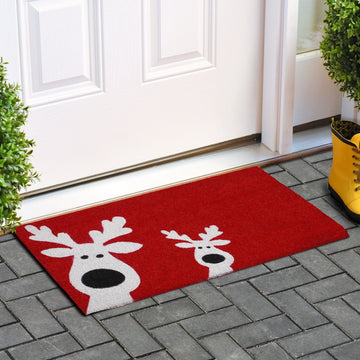 17″ × 29″ Red & White Coir Reindeer Outdoor Christmas Door Mat, Heavy‑Duty Eco‑Friendly Holiday Mat