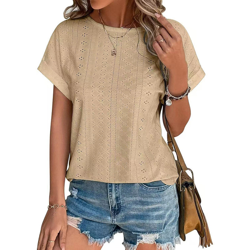 Womens Eyelet Embroidery Tops Casual Crew Neck Short Sleeve Trendy T Shirts