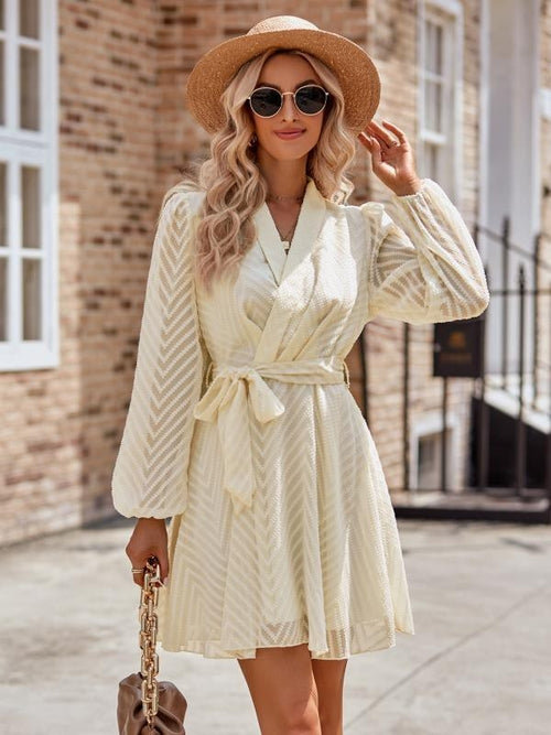 Long Sleeve Wrap Front Dress – Elegant V-Neck Bodycon Midi Dress for Women