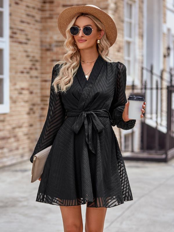 Long Sleeve Wrap Front Dress – Elegant V-Neck Bodycon Midi Dress for Women