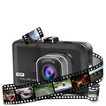 Black Full HD 1080P dash camera with film strip graphics on a white background