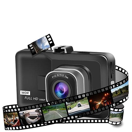 Black Full HD 1080P dash camera with film strip graphics on a white background