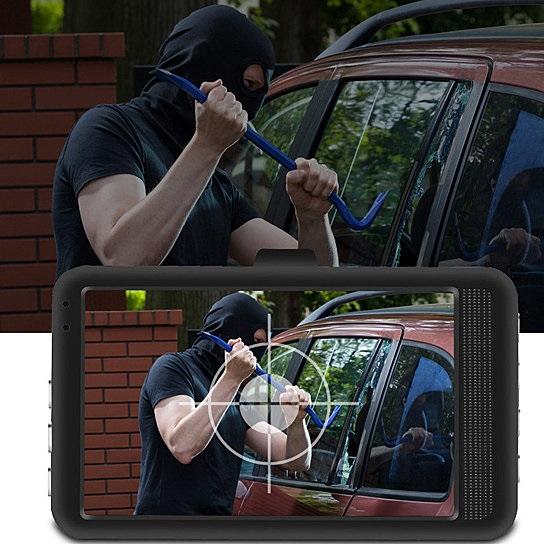Person using a blue tool to break into a car, viewed through a smartphone screen with a targeting app overlay.