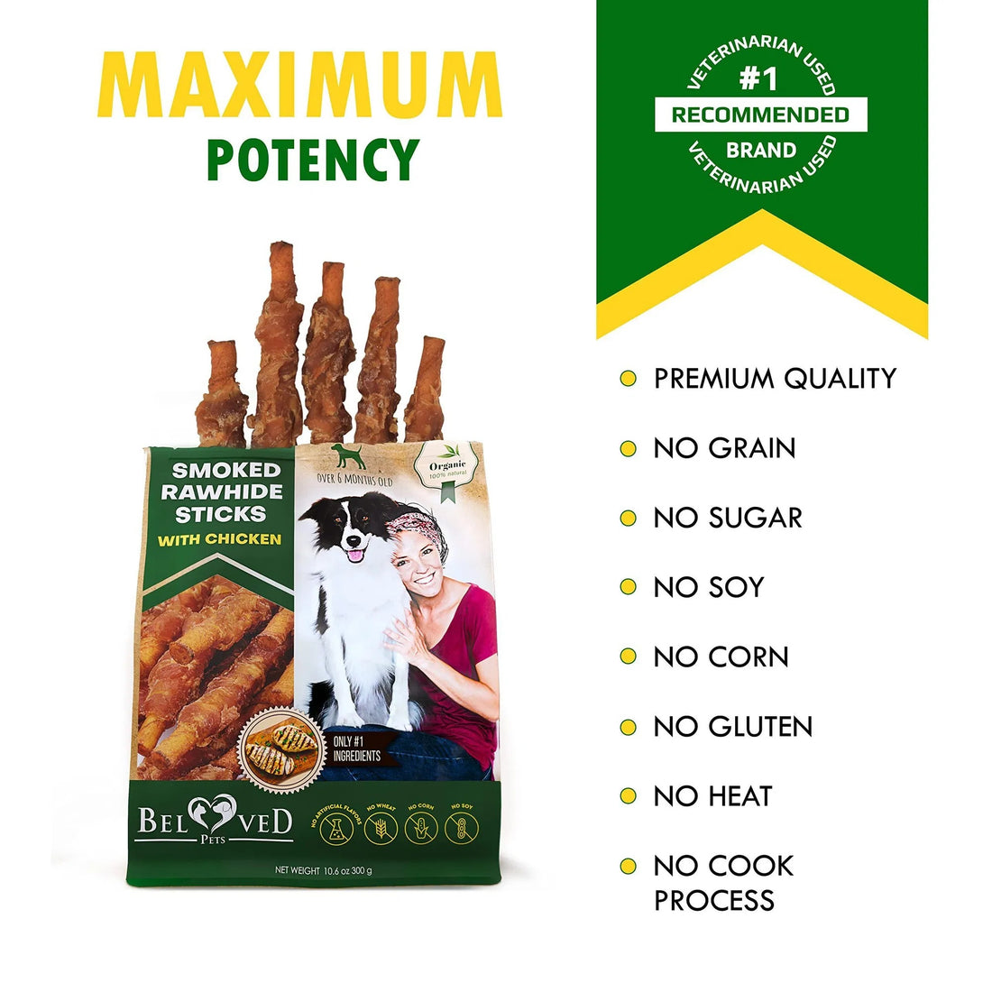 Bag of smoked rawhide sticks with chicken for dogs, featuring a dog and person on the packaging.
