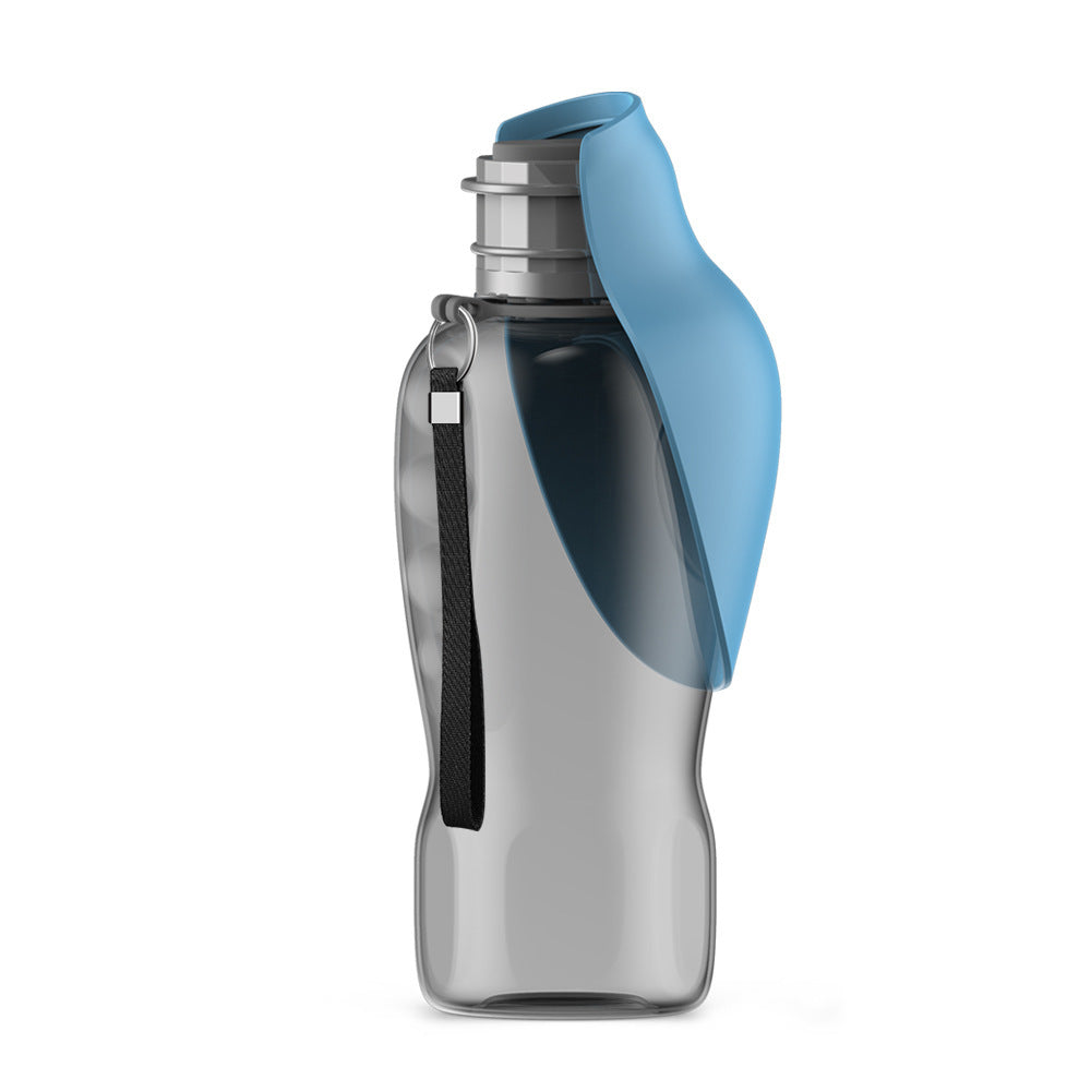 Gray water bottle with a blue cap