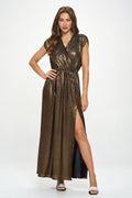 Made‑in‑USA Sleeveless Metallic V‑Neck Maxi Dress, Prom & Wedding Guest Glam Gown