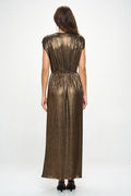 Made‑in‑USA Sleeveless Metallic V‑Neck Maxi Dress, Prom & Wedding Guest Glam Gown