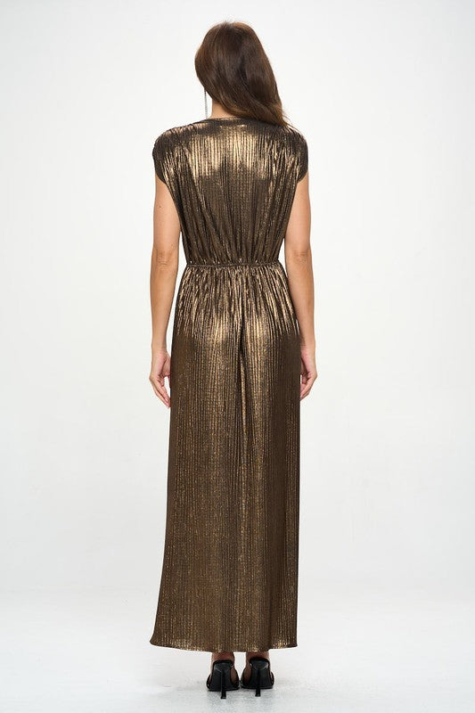 Made‑in‑USA Sleeveless Metallic V‑Neck Maxi Dress, Prom & Wedding Guest Glam Gown