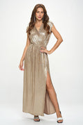 Made‑in‑USA Sleeveless Metallic V‑Neck Maxi Dress, Wedding Guest & Prom Fashion