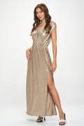Made‑in‑USA Sleeveless Metallic V‑Neck Maxi Dress, Wedding Guest & Prom Fashion
