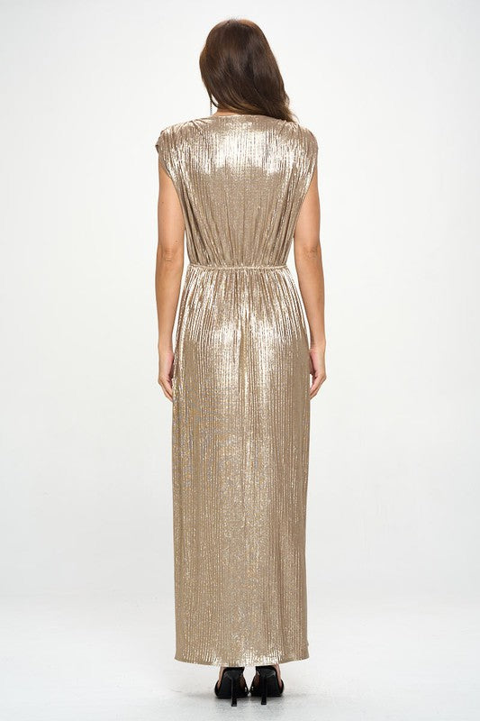 Made‑in‑USA Sleeveless Metallic V‑Neck Maxi Dress, Wedding Guest & Prom Fashion