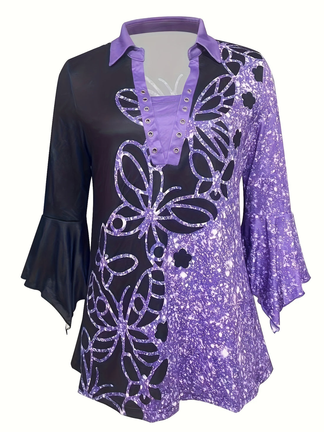 Spring autumn printed lapel three-quarter sleeve t-shirt front

