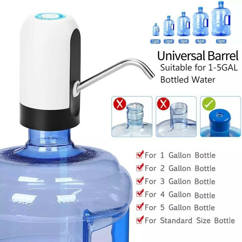Universal barrel water pump with compatibility chart for different bottle sizes.