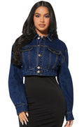 Woman wearing a blue denim jacket