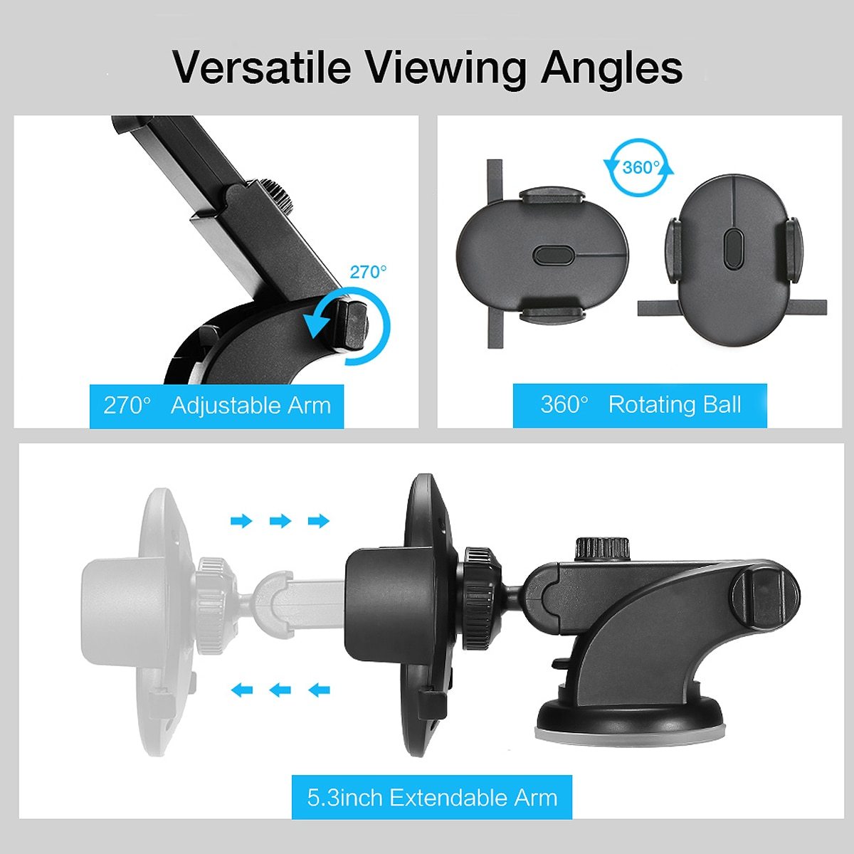 Phone holder with adjustable arm, rotating ball, and extendable arm