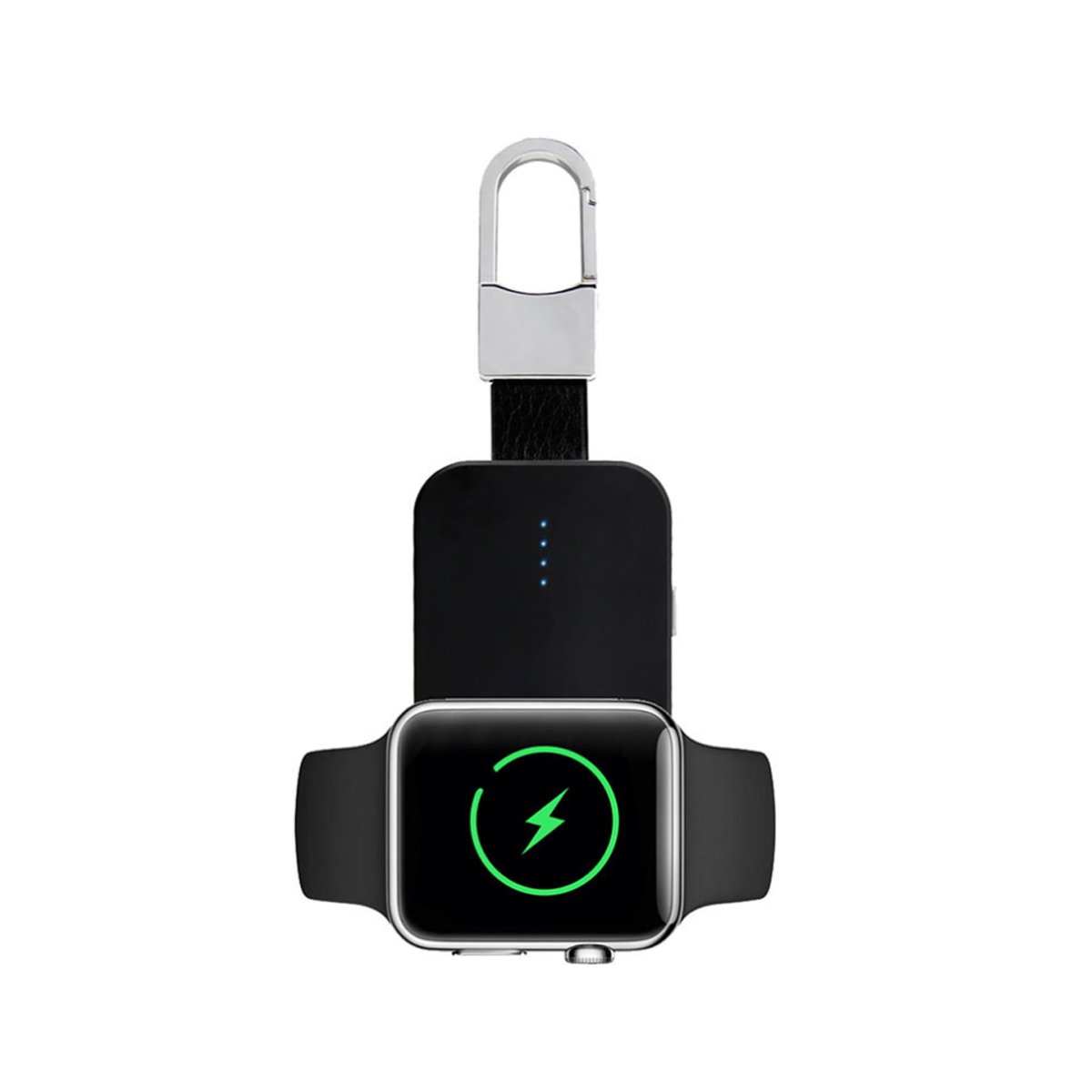 Black keychain with a small screen displaying a charging icon on a white background