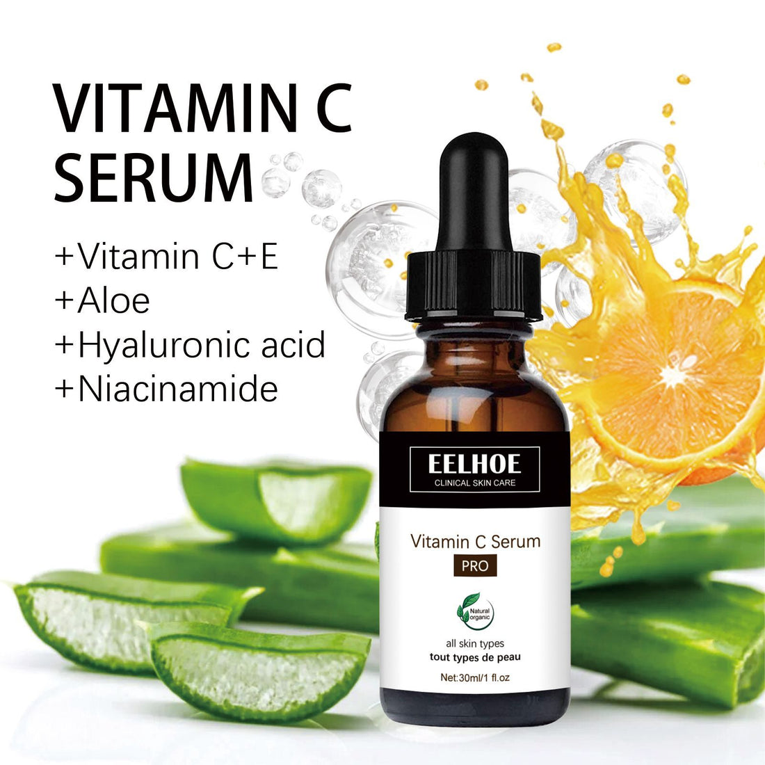Vitamin C serum bottle with ingredients listed, surrounded by aloe vera and an orange slice on a white background.