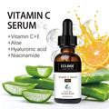 Vitamin C serum bottle with ingredients listed, surrounded by aloe vera and an orange slice on a white background.