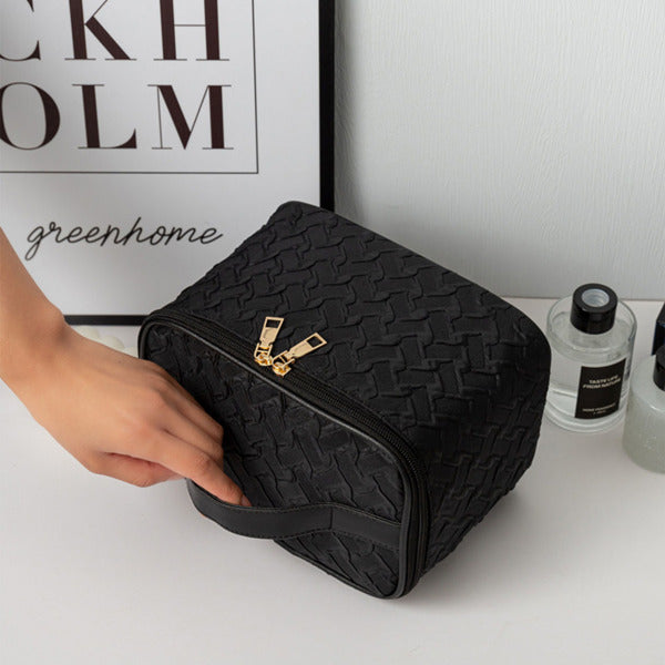 Portable Travel Cosmetic Bag with Brush Compartment – Opened View

